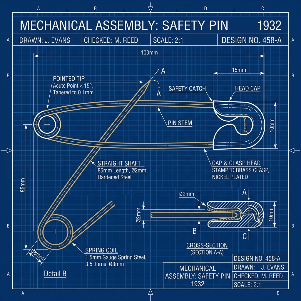 Safety Pin Engineering Blueprint Schematic